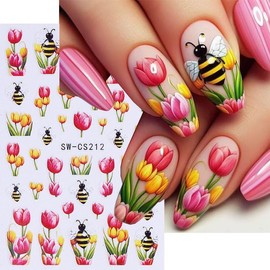 Summer Nails Stickers Pink Flowers Nails Sticker 3D Embossed Blue Butterfly Self Adhesive Sticker Flower Designs Nail Decals Colorful Nail Art Decals Summer Decals for Nail DIY Manicure 5Sheets