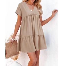 Women V Neck Loose Flowy Swing Shift Dress 2025 Summer Short Sleeve Casual Summer Mini Tunic Dress
