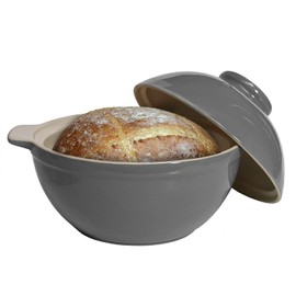 Sassafras Superstone Bread Dome with Grey Exterior Glaze and Glazed Interior for No-Knead Bread and Roasting Chicken, Meats and Vegetables