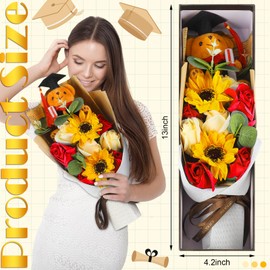 Swiffen 13" Graduation Rose Sunflower Scented Soap Flower Bouquet Graduation Artificial Flower Bouquet Mini Plush Graduation Bear Bouquet Floral Arrangements Gift Box for Graduation Party (Red)