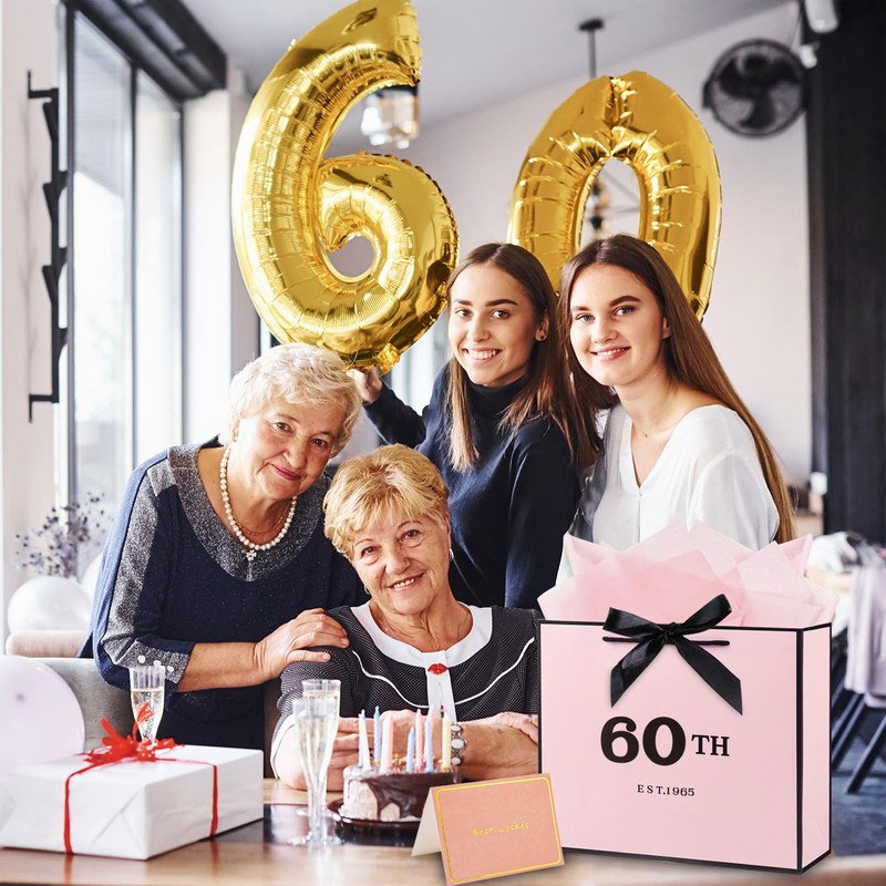 60th Birthday Gift Bag Pink with Tissue Paper