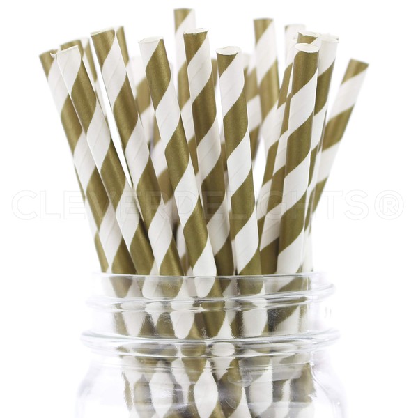 CleverDelights Paper Straws - Gold Stripe - Box of 100 - Eco-Friendly Biodegradable