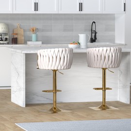 NIOIIKIT Bar Stool Set of 2, Velvet Upholstered Swivel Barstool, Counter Height Chair with Hand Woven Backrest, Dining Barstool with Footrest, Bar Chair for Kitchen Island, Pub (Ivory)