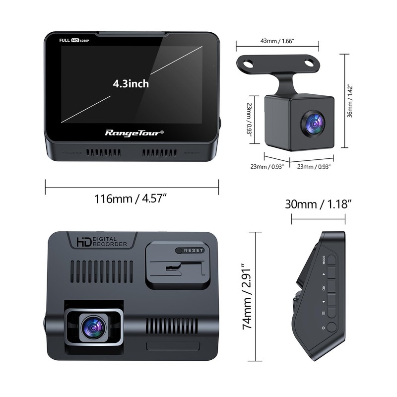 Range Tour Car Dash Cam Front and Rear, Dual Dashcam