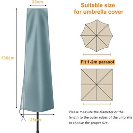 OKPOW Parasol Cover, Heavy Duty Rip Proof 600D Parasol Covers Waterproof Fit for Ø 200 cm Garden Parasol, Windproof, Anti-UV, Large Umbrella Cover with Zip (136 * 23 * 25cm,Grey)