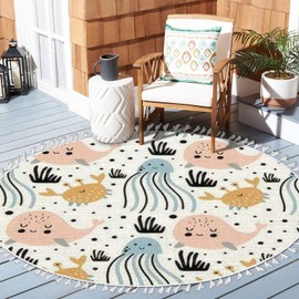 Ocean Beach Area Rugs Cute Whales Jellyfish Crabs fo Marine Animal Round Boho Area Rug Linen Carpet Playmat Washable Hallway Runner Mat for Nursery Kid Room Bedroom Decoration Children Gift 4ft