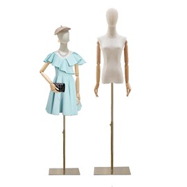 Female Dress Form Mannequin, Mannequin Torso for Sewing, Clothes Display Mannequin Body with Gold 55"-80" Adjustable Height Stand, Detachable Head, Wooden Arm Hands, for Clothing Jewelry