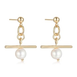 T-Bar Drop Earrings with 8mm Natural Sea Pearl - 14K Gold, Dangling Bohemian Boho Beach, Real Gold Plated