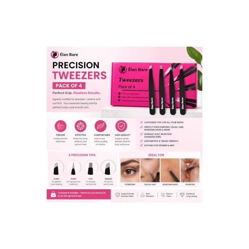The Élan Bare Precision Set 4-Piece Professional Stainless Steel Tweezer