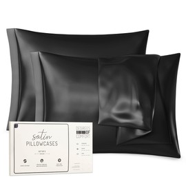 Black Satin Pillowcase Queen Set of 2 | Pillow Cases for Hair and Skin | 20 x 30 Inch–Slip Silky Comfort with Envelope Closure