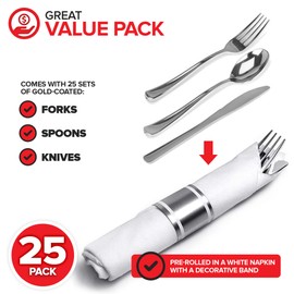 Pre Rolled Plastic Silverware Sets for Parties (25 Pack) Silver Cutlery Set, Disposable Spoons, Forks, Knives, Napkins Prewrapped, Heavy Duty Utensils Individually Wrapped for Wedding, Thanksgiving