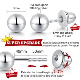 Ball Screw Back Earrings for Women 925 Sterling Silver Hypoallergenic Available in 3mm-5mm Classic Round Ball Studs (Silver-5mm)