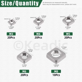 Keadic 90Pcs 304 Stainless Steel Square Nuts Assortment Kit, M3x5.5mmx2mm, M4x7mmx2mm, M5x8mmx3mm, M6x10mmx3mm, M8x13mmx4mm Coarse Thread Nut for Furniture, Electrical Appliances