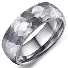 Adreamz 8mm Silver Mens Domed Hammered Tungsten Carbide Rings Brushed Wedding Band For Men Comfort Fit 12