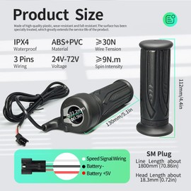 MUSELK Electric Bike Full Twist Throttle Right Handle Throttle 24V 36V 48V 60V 72V with 3 pin Waterproof/SM Connector for EBike or Folding Electric Scooter (20X-Full-SM)