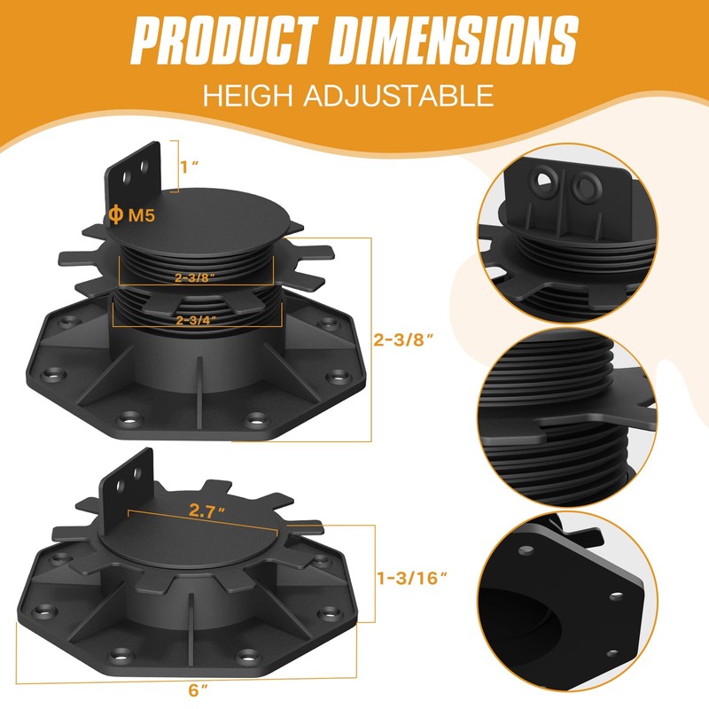 6-Pack Adjustable Deck Support Bases - Heavy Duty Waterproof Rust-Proof