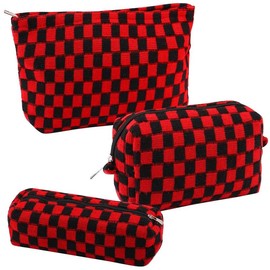Makeup Bag 3 Pieces Large Capacity Checkered Cosmetic Bag Canvas Travel Toiletry Bag Organizer Cute Makeup Bag Pouch Storage Bag for Women - Color: Red & Black