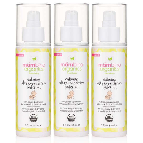 Mambino Organics Calming Ultra-Sensitive Soothing Oil Unscented – All Natural Fragrance Free with Jojoba & Evening Primrose Oil - 5 Fluid Ounces (3PACK)