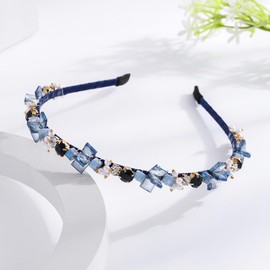 Formery Blue Crystals Headband Rhinestone Beaded Hairband Party Prom Wedding Handmade Pearl Beads Headpiece for Women and Girls