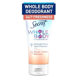 Secret Crema Desodorante Corporal Integral para Mujeres, Aroma A Melocotón y Flor de Vainilla, Desodorante Libre de Aluminio, 72 Hr. Protección Contra El Olor, 3.0 Oz