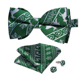 DiBanGu Green Christmas Bow Ties for Men Silk Pretied Bowtie and Handkerchief Cufflinks Set Holiday Snowflake Bow Tie