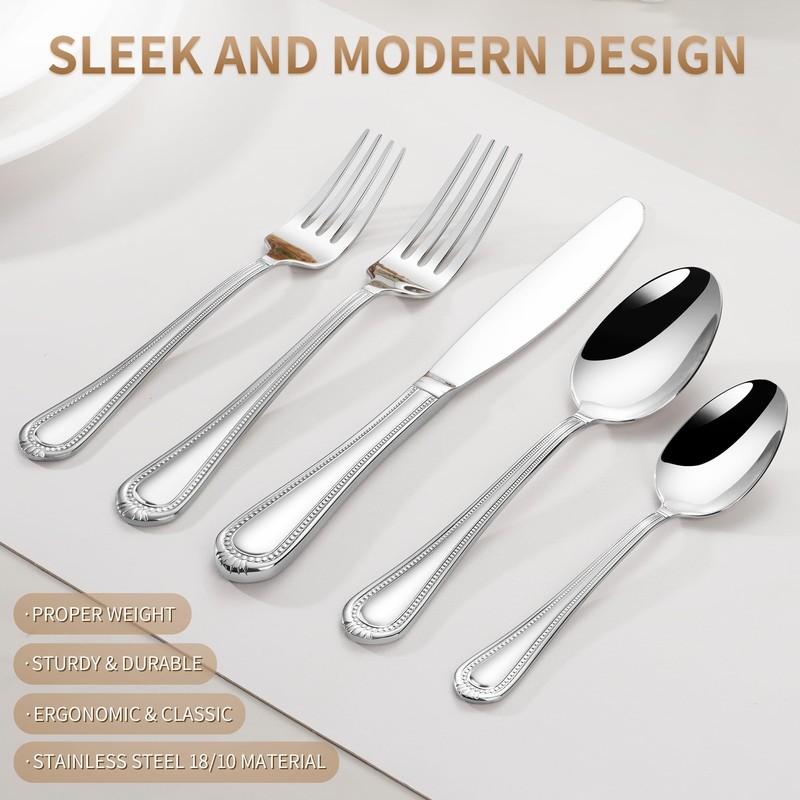 Heavy Duty Silverware Set for 12, 18/10 Stainless Steel, 60