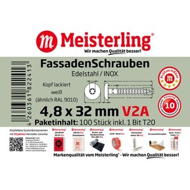 Meisterling® Facade Screws White with Flat Head V2a Stainless Steel