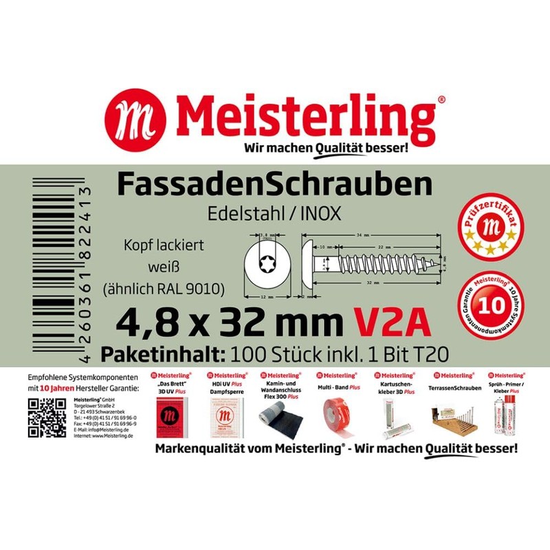 Meisterling® Facade Screws White with Flat Head V2a Stainless Steel