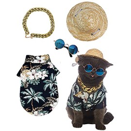 Impoosy Hawaiian Dog T Shirts Pet Summer Clothes Cat Sunglasses Funny Straw Hat Kitten Costumes with Gold Chain Collar (Small,Black)