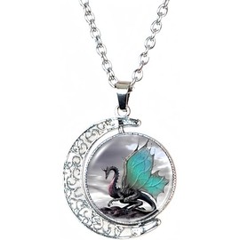 DEQIYIJI Dragon Gifts Wing Dragon Moon Pendant Necklace Jewelry For Women Dragon Lovers Stuff Silver