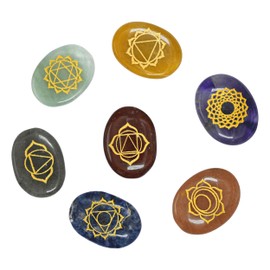 Amazing Gemstone 7 Chakra Oval Set Reiki Healing Crystal with Engraved Chakra OM Symbols Holistic Balancing Polished Palm Stones Set with Velvet Pouch