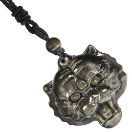 mookaitedecor Golden Obsidian Tiger Head Pendant Necklace Lucky Charm for Men Women, Healing Crystal Semi Precious Stone Quartz Reiki Amulet Necklace for Protection Wealth Spiritual Jewellery Gifts