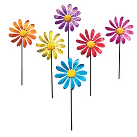 Collections Etc Colorful Seasonal Daisy Petal Spinners, Metal Stakes - Set of 6-18" Tall - Spring, Summer Seasonal Decor - for Gardens, Yards, & Front Lawns