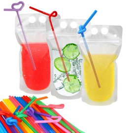 Ucio 100 Pcs Drink Pouches with 100 Straw Holes, Freezable Juice Pouches, Translucent Reclosable Zipper Plastic Pouches Drink Bags for Cold & Hot Drinks for Adults and Kids