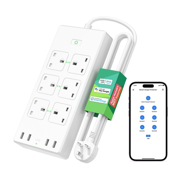 Meross Smart Power Strip, 6 AC Outlets and 4 USB Ports, smart extension lead alexa compatible, Compatible with Google Home, SmartThings, Timer and Voice/Remote Control, 2.4GHz WiFi