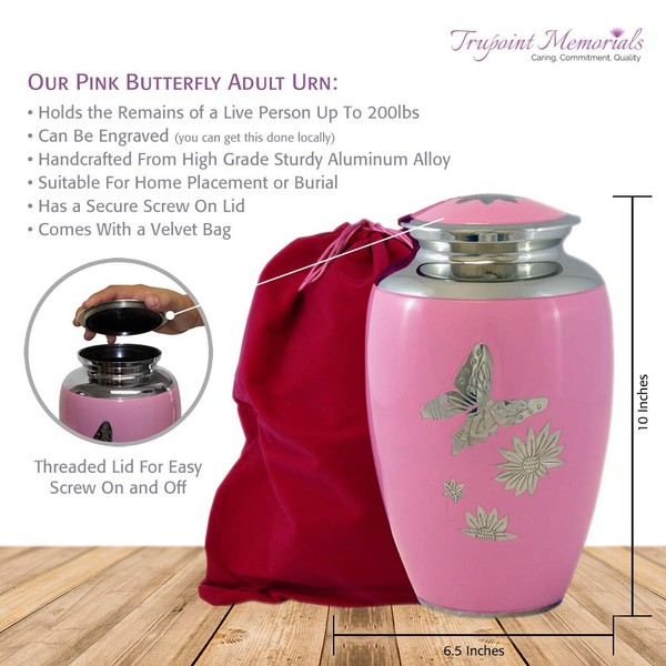 Trupoint Memorials Cremation Urns for Human Ashes - Decorative Urns, Urns for Human Ashes Female & Male, Urns for Ashes Adult Female, Funeral Urns - Butterfly Pink, Large