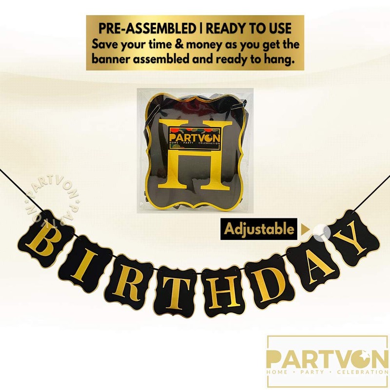 Black Gold Happy Birthday Banner, Premium Birthday Bunting Garland Decorations-