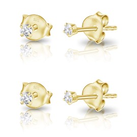 Set of 2 Tiny Gold Plated Stud Earrings with Cubic Zirconia 2 mm - Women and Mens Earrings with CZ - Clear Zirconia Stud Earrings for Men and Women - Small Studs Earrings Set