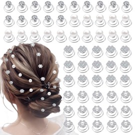 60 PCS 4 Shapes Gems Rhinestone Twister Hair Studs Set Diamond Spiral Pearl Flower Jewels Hair Pins Sticks for Wedding, Bridal, Prom, Party and Special Occasion, Pearl