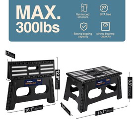 Flottian 9" Folding Step Stool for Adults and Kids 15-Inch Extra Wide Stool Holds Up to 300 lbs,Non-Slip Folding Stools with Handle,Compact Plastic Foldable Step Stool for Bathroom,Kitchen,ect,Black