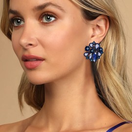 EVER FAITH Flower Stud Earrings for Women Girls Clear Rhinestone Crystal Flower Earrings Navy Blue, Crystal