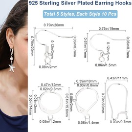 Beebeecraft 5 Styles 50Pcs Earring Hooks 925 Sterling Silver Plated Earring Making Kit Leverback Huggies Earwire for Jewelry Earring Making