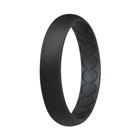 ROQ Silicone Rubber Wedding Ring for Women, Thin Inner Hearts, Breathable Silicone Wedding Band, Anniversary Ring, Promise Ring, 4mm Wide 2mm Thick, Single, Black, Size 6