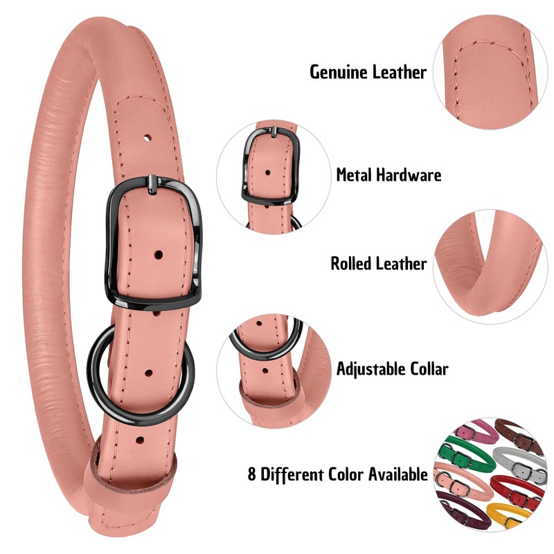 BUDKAS Rolled Leather Dog Collar for Small Medium Large Dogs