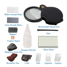 SuiToWan Mineral ID Kit Rock Mineral Identification Kit - Includes Streak Plates, Glass Plate, Magnet, Dropper Bottle, Nail, Hand Lens, Cooper Sheet, Rock & Mineral Geology Kit