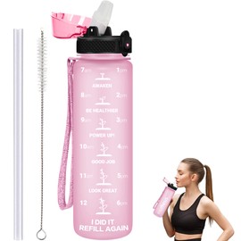 GOPPUS 1L/32oz Tritan Water Bottle with Straw Matte 1 Litre Sports Bottle with Time Markings Motivational Drinking Bottles with Measuring Reusable Gym Bottles Leakproof Bottles BPA Free for Men Women