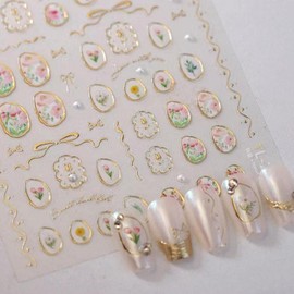 5D Embossed Flower Nail Art Stickers Tulip Floral Nail Decals Irregular Geometric Frames Self Adhesive Nails Sticker Gold Hollow Nail Designs Supplies DIY Acrylic Nail Accessories for Women