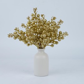 YSJUENAII 14 Pack Christmas Glitter Berries Stems, Christmas Holiday Decoration Stems (Gold)