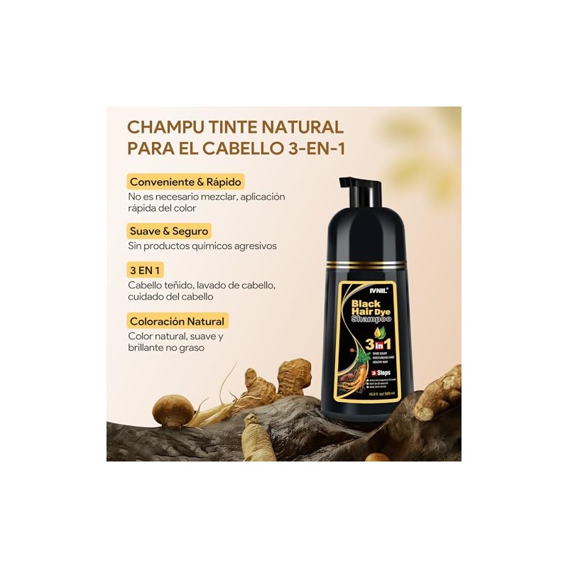 Black Hair Dye Shampoo 3 in 1, Shampoo para Canas