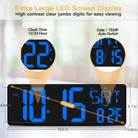 XREXS Large Digital Wall Clock with Remote Control, 16.5 Inch LED Large Display Count Up & Down Timer, Adjustable Brightness Plug-in Alarm Clock with Day/Date/Temperature for Home, Gym, Office